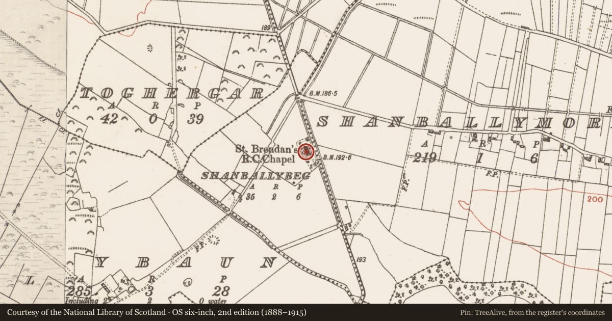 Ordnance Survey six-inch map, 2nd edition (1888–1915) covering the location of Church, Shanballybeg, County Galway, with a pin at the register's coordinates