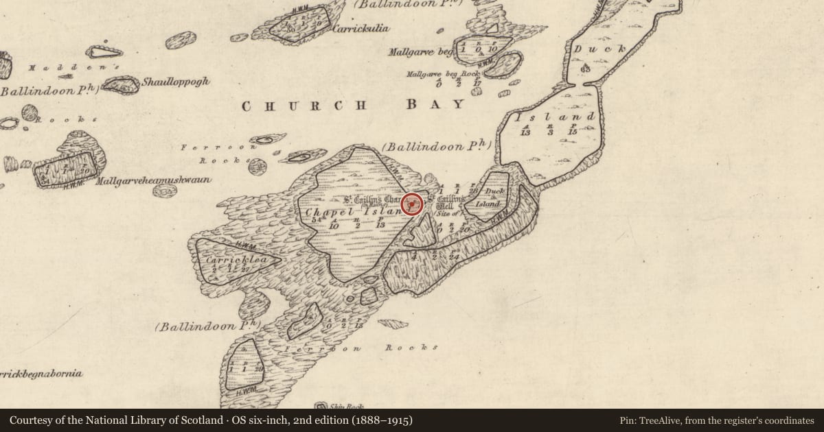 Ordnance Survey six-inch map, 2nd edition (1888–1915) covering the location of Church, Chapel Island, County Galway, with a pin at the register's coordinates