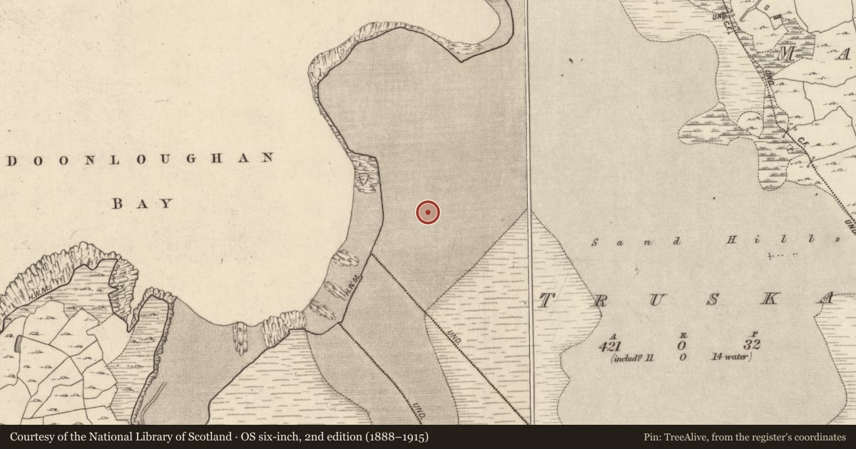 Ordnance Survey six-inch map, 2nd edition (1888–1915) covering the location of Burial, Truska, County Galway, with a pin at the register's coordinates