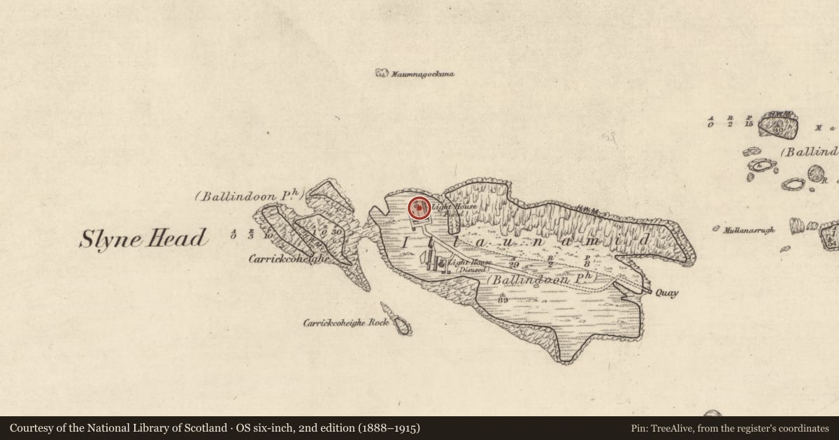 Ordnance Survey six-inch map, 2nd edition (1888–1915) covering the location of Lighthouse, Illaunamid, County Galway, with a pin at the register's coordinates