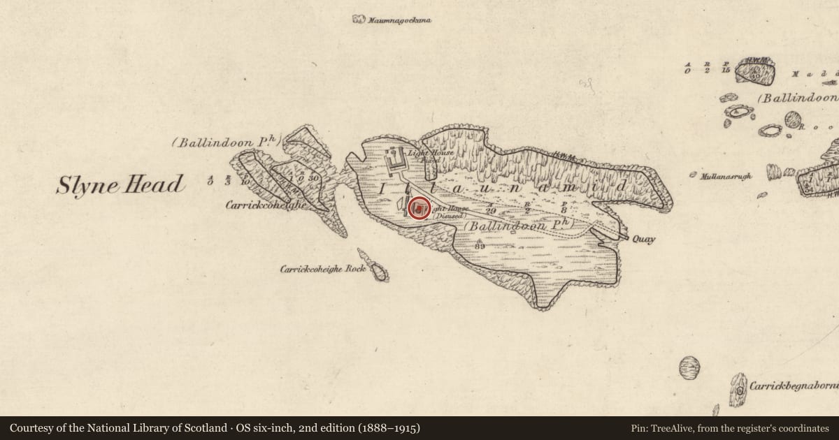 Ordnance Survey six-inch map, 2nd edition (1888–1915) covering the location of Lighthouse, Illaunamid, County Galway, with a pin at the register's coordinates