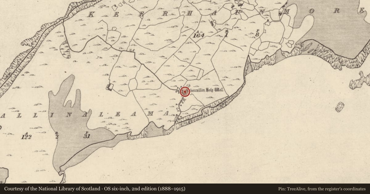 Ordnance Survey six-inch map, 2nd edition (1888–1915) covering the location of Ritual site - holy well, Keerhaunmore, County Galway, with a pin at the register's coordinates
