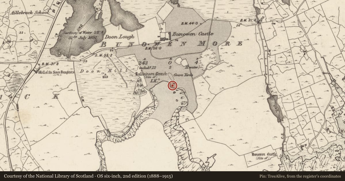 Ordnance Survey six-inch map, 2nd edition (1888–1915) covering the location of Church, Bunowen More, County Galway, with a pin at the register's coordinates
