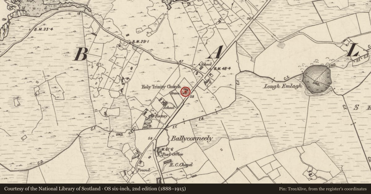 Ordnance Survey six-inch map, 2nd edition (1888–1915) covering the location of Church, Derrigimlagh, County Galway, with a pin at the register's coordinates