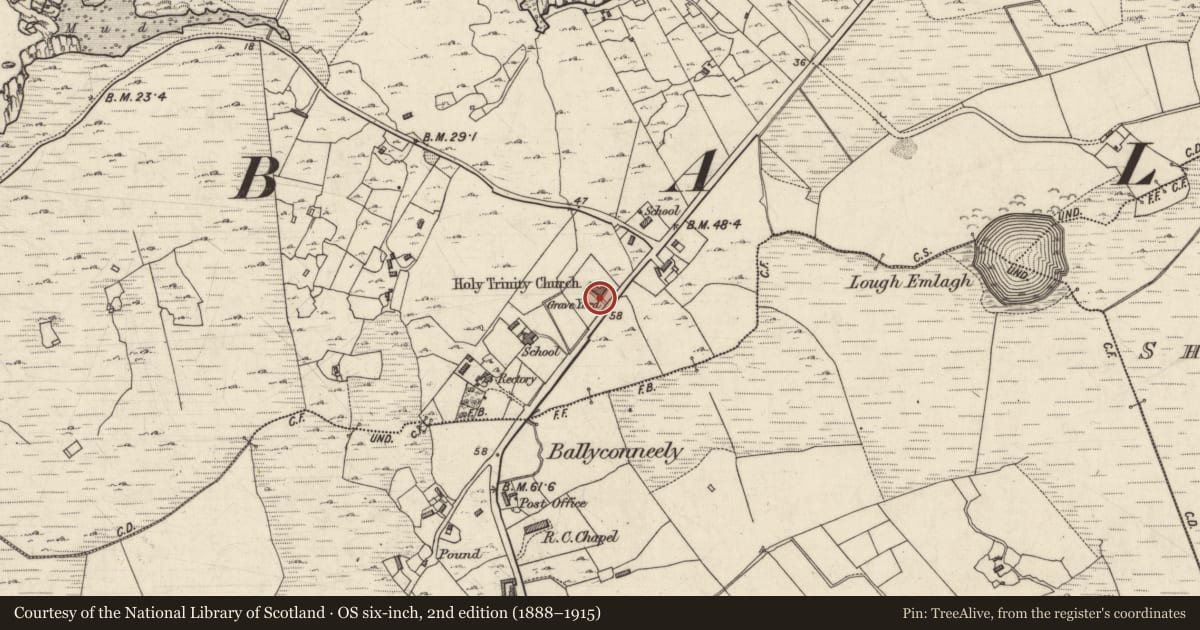 Ordnance Survey six-inch map, 2nd edition (1888–1915) covering the location of Graveyard, Derrigimlagh, County Galway, with a pin at the register's coordinates