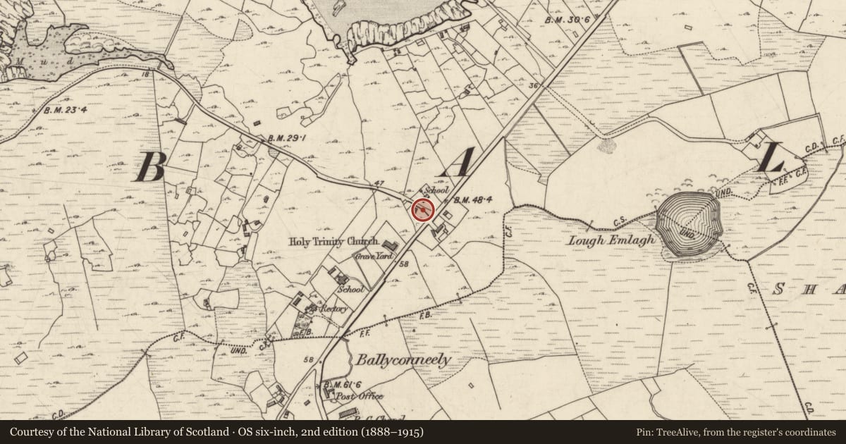 Ordnance Survey six-inch map, 2nd edition (1888–1915) covering the location of Chapel, Derrigimlagh, County Galway, with a pin at the register's coordinates