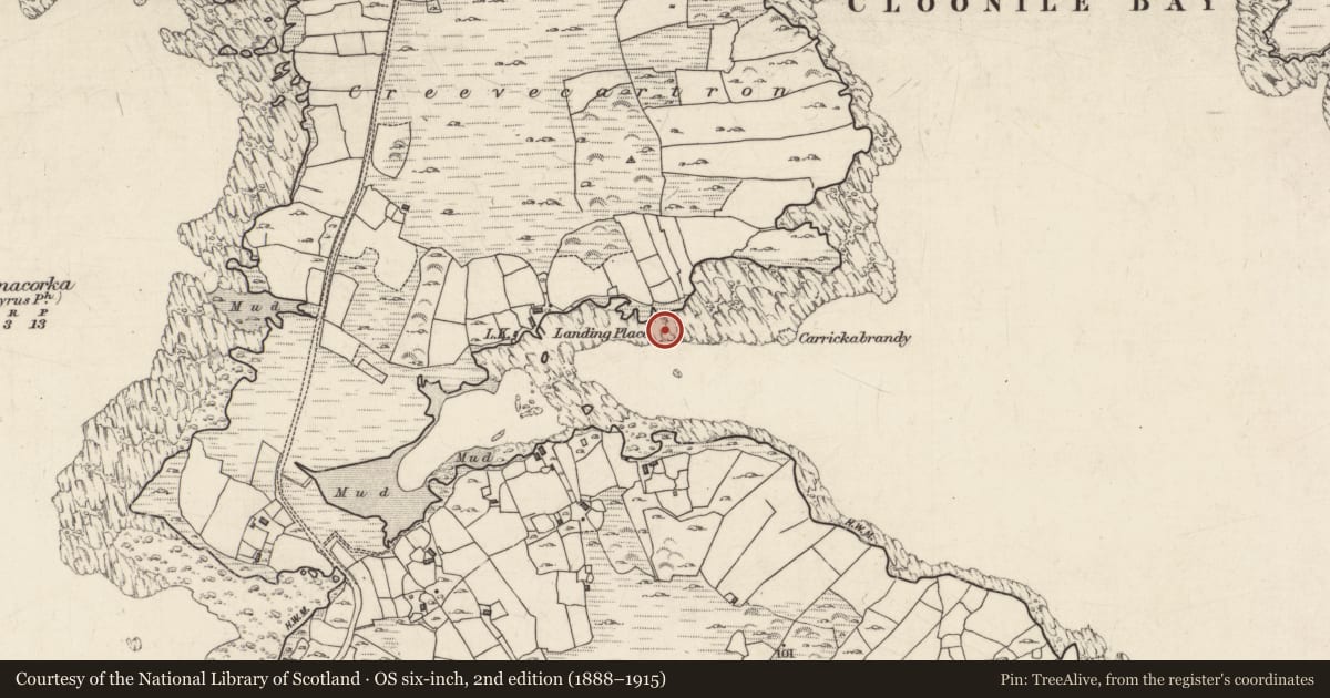 Ordnance Survey six-inch map, 2nd edition (1888–1915) covering the location of Ritual site - holy well, Inis Ní, County Galway, with a pin at the register's coordinates