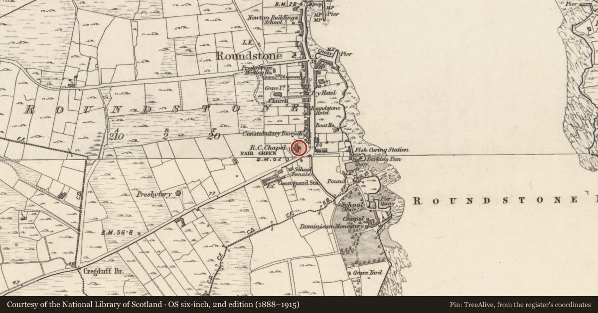 Ordnance Survey six-inch map, 2nd edition (1888–1915) covering the location of Chapel, Roundstone, County Galway, with a pin at the register's coordinates