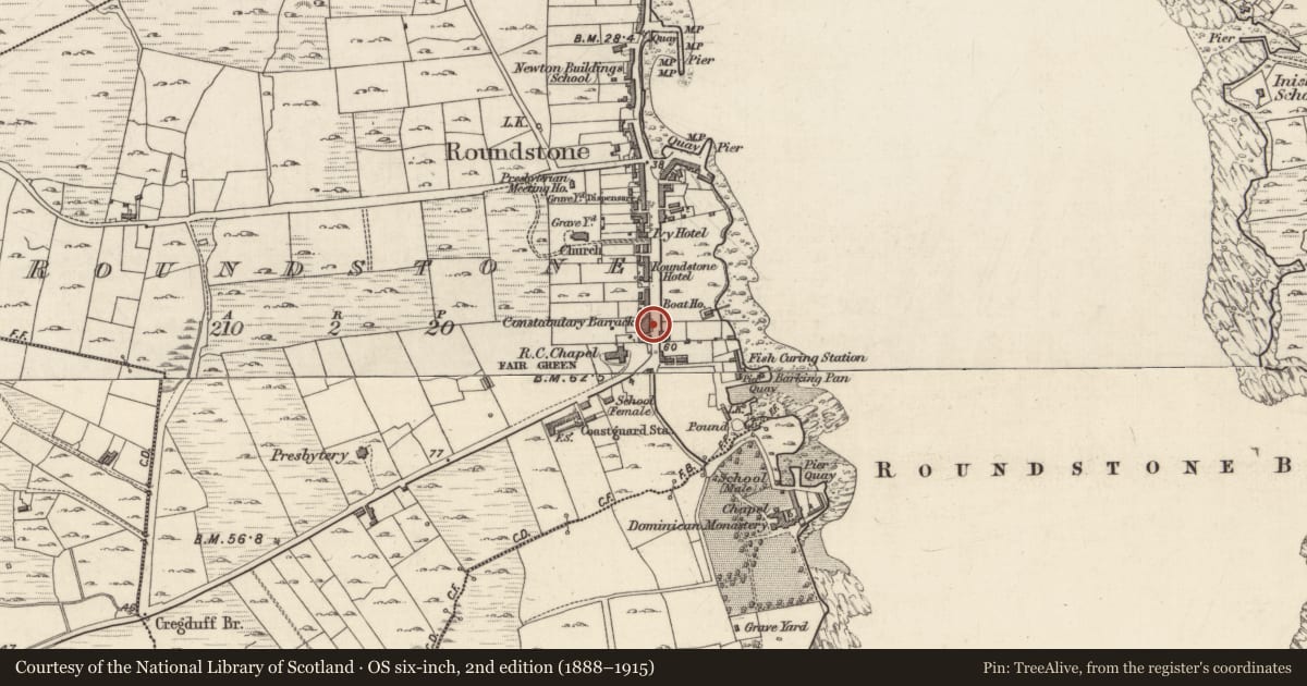 Ordnance Survey six-inch map, 2nd edition (1888–1915) covering the location of Ecclesiastical site, Roundstone, County Galway, with a pin at the register's coordinates