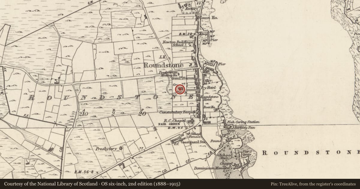 Ordnance Survey six-inch map, 2nd edition (1888–1915) covering the location of Church, Roundstone, County Galway, with a pin at the register's coordinates