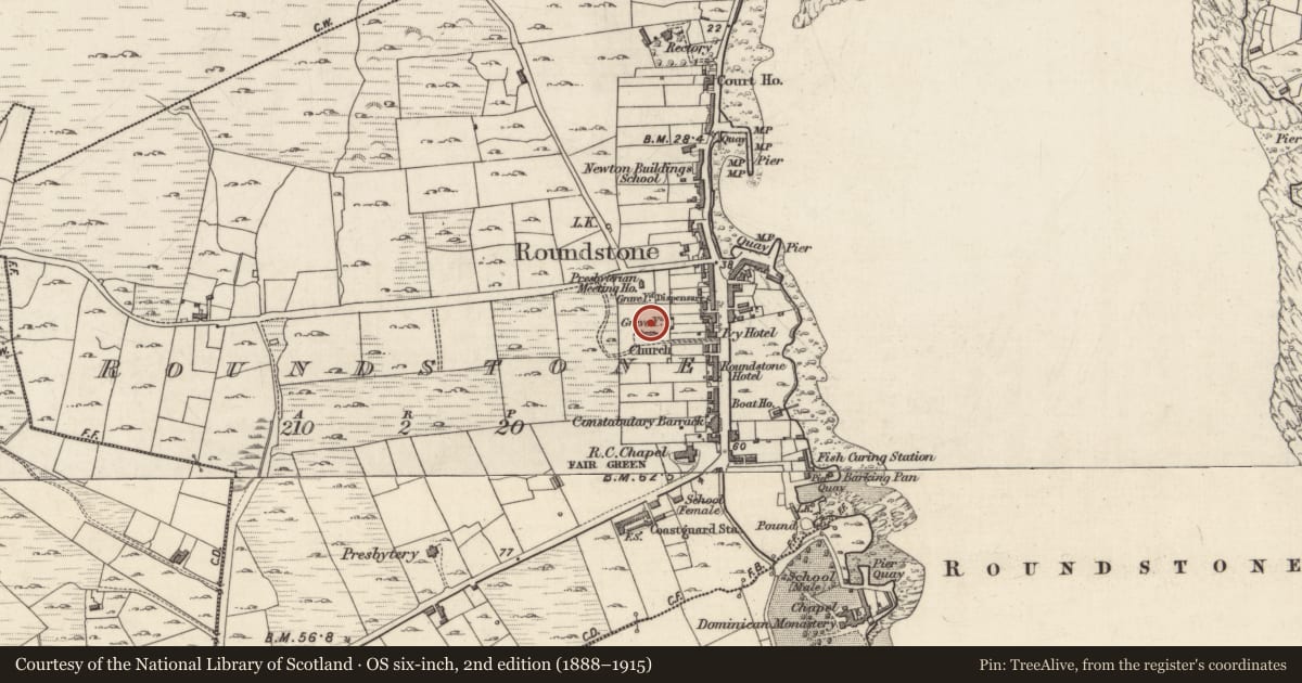Ordnance Survey six-inch map, 2nd edition (1888–1915) covering the location of Graveyard, Roundstone, County Galway, with a pin at the register's coordinates