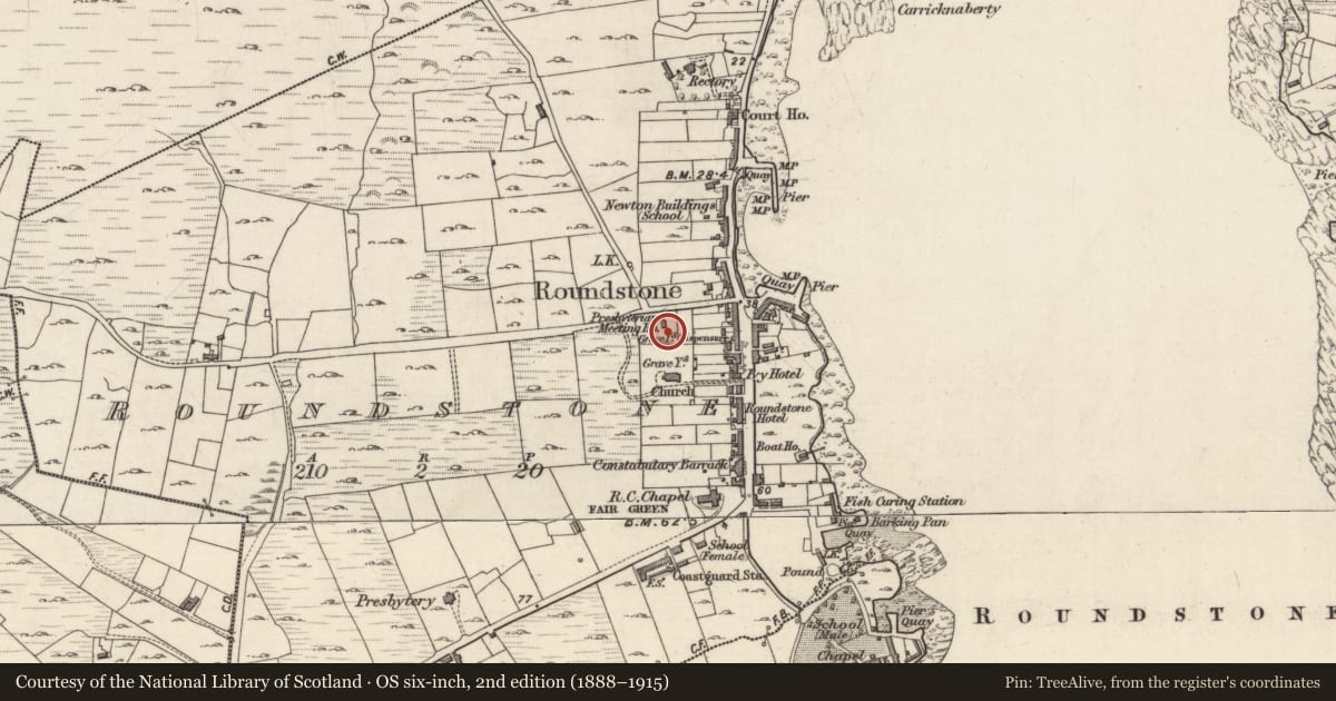 Ordnance Survey six-inch map, 2nd edition (1888–1915) covering the location of Graveyard, Roundstone, County Galway, with a pin at the register's coordinates