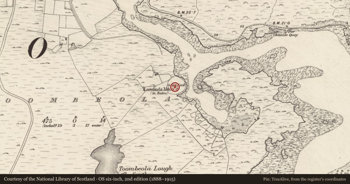 Ordnance Survey six-inch map, 2nd edition (1888–1915) covering the location of Religious house - Dominican friars, Toombeola, County Galway, with a pin at the register's coordinates