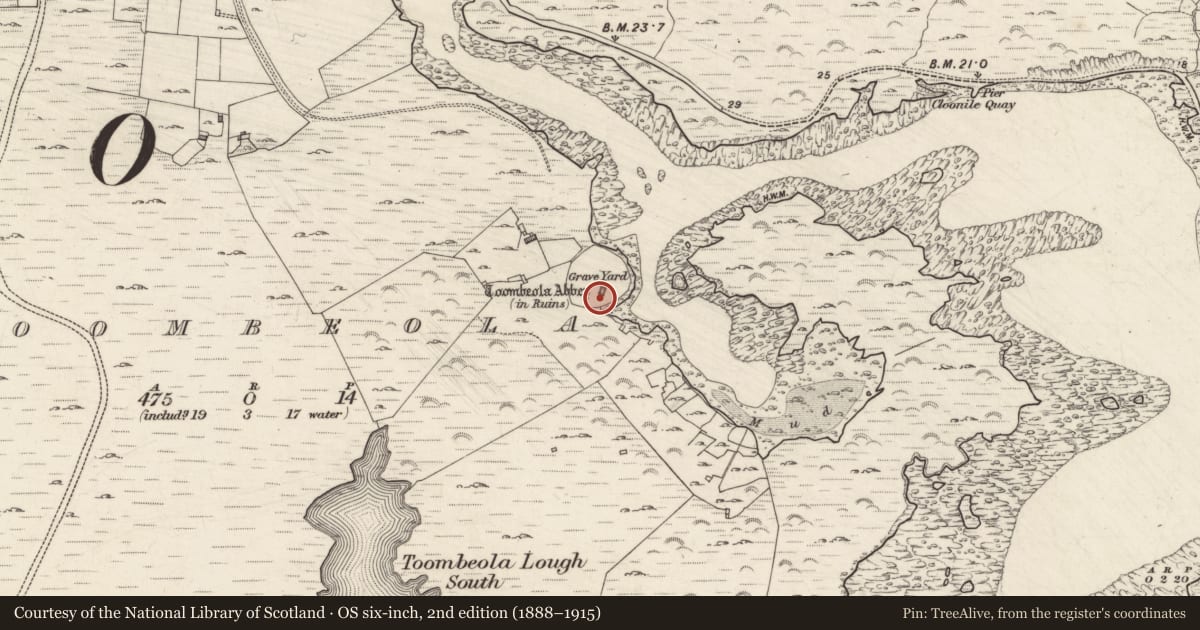Ordnance Survey six-inch map, 2nd edition (1888–1915) covering the location of Church, Toombeola, County Galway, with a pin at the register's coordinates