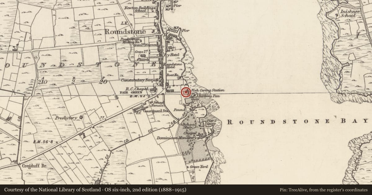 Ordnance Survey six-inch map, 2nd edition (1888–1915) covering the location of Inscribed stone, Roundstone, County Galway, with a pin at the register's coordinates