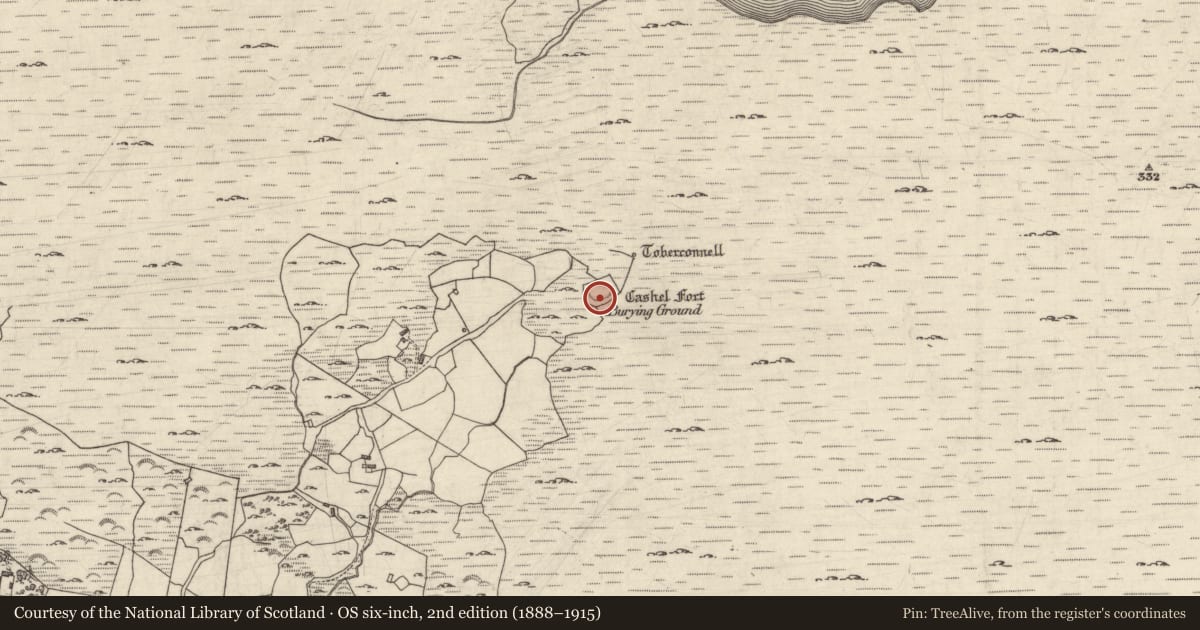 Ordnance Survey six-inch map, 2nd edition (1888–1915) covering the location of Burial ground, Cashel, County Galway, with a pin at the register's coordinates