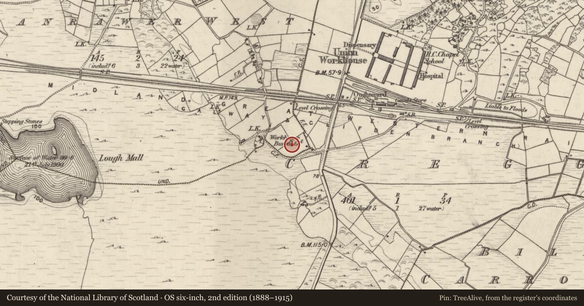 Ordnance Survey six-inch map, 2nd edition (1888–1915) covering the location of Burial ground, Canrawer West, County Galway, with a pin at the register's coordinates