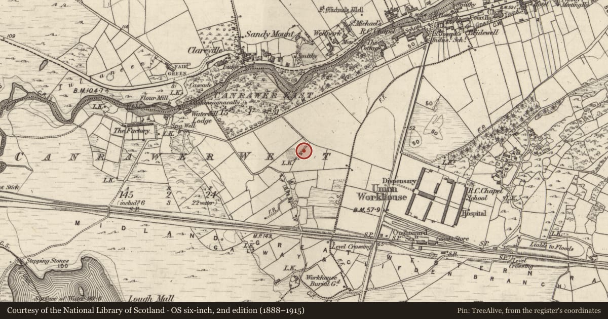 Ordnance Survey six-inch map, 2nd edition (1888–1915) covering the location of Souterrain, Canrawer West, County Galway, with a pin at the register's coordinates