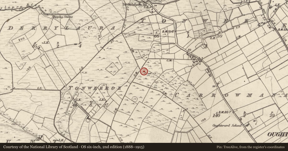 Ordnance Survey six-inch map, 2nd edition (1888–1915) covering the location of Souterrain, Carrowmanagh, County Galway, with a pin at the register's coordinates