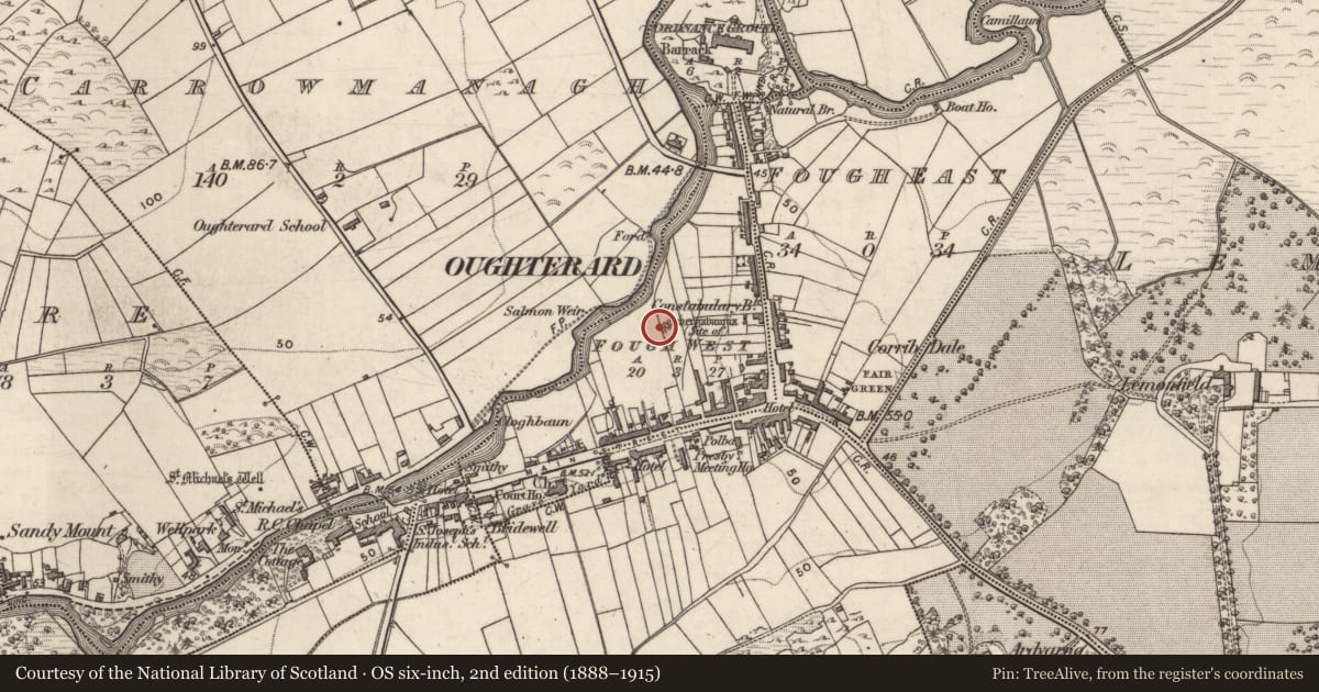 Ordnance Survey six-inch map, 2nd edition (1888–1915) covering the location of Ritual site - holy well, Fough West, County Galway, with a pin at the register's coordinates