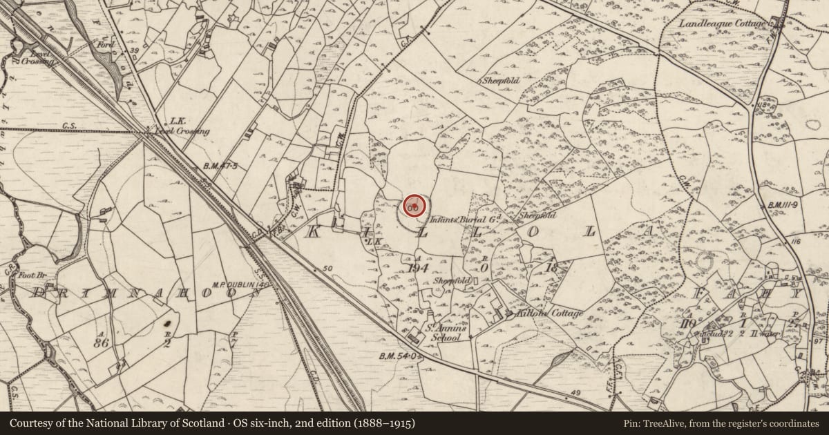 Ordnance Survey six-inch map, 2nd edition (1888–1915) covering the location of Ecclesiastical enclosure, Killola, County Galway, with a pin at the register's coordinates