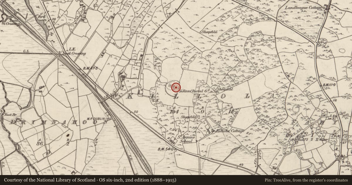 Ordnance Survey six-inch map, 2nd edition (1888–1915) covering the location of Children's burial ground, Killola, County Galway, with a pin at the register's coordinates