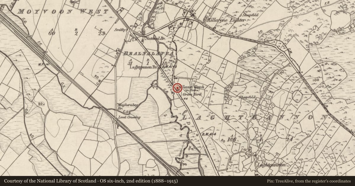 Ordnance Survey six-inch map, 2nd edition (1888–1915) covering the location of Graveyard, Laghtgannon, County Galway, with a pin at the register's coordinates