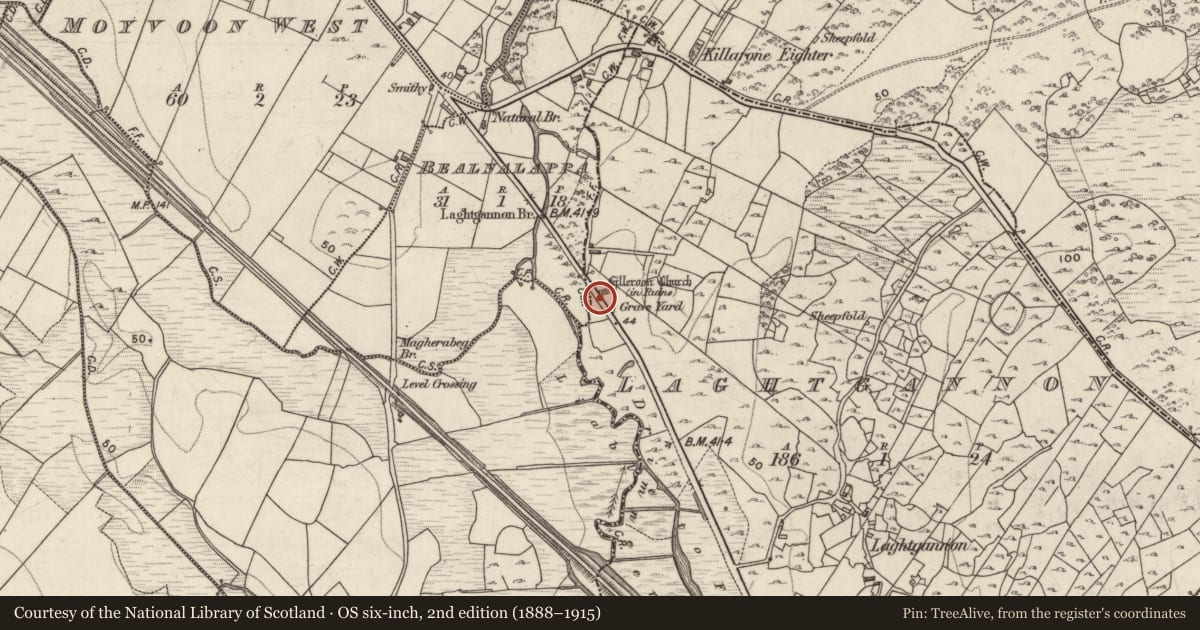 Ordnance Survey six-inch map, 2nd edition (1888–1915) covering the location of Ecclesiastical enclosure, Laghtgannon, County Galway, with a pin at the register's coordinates