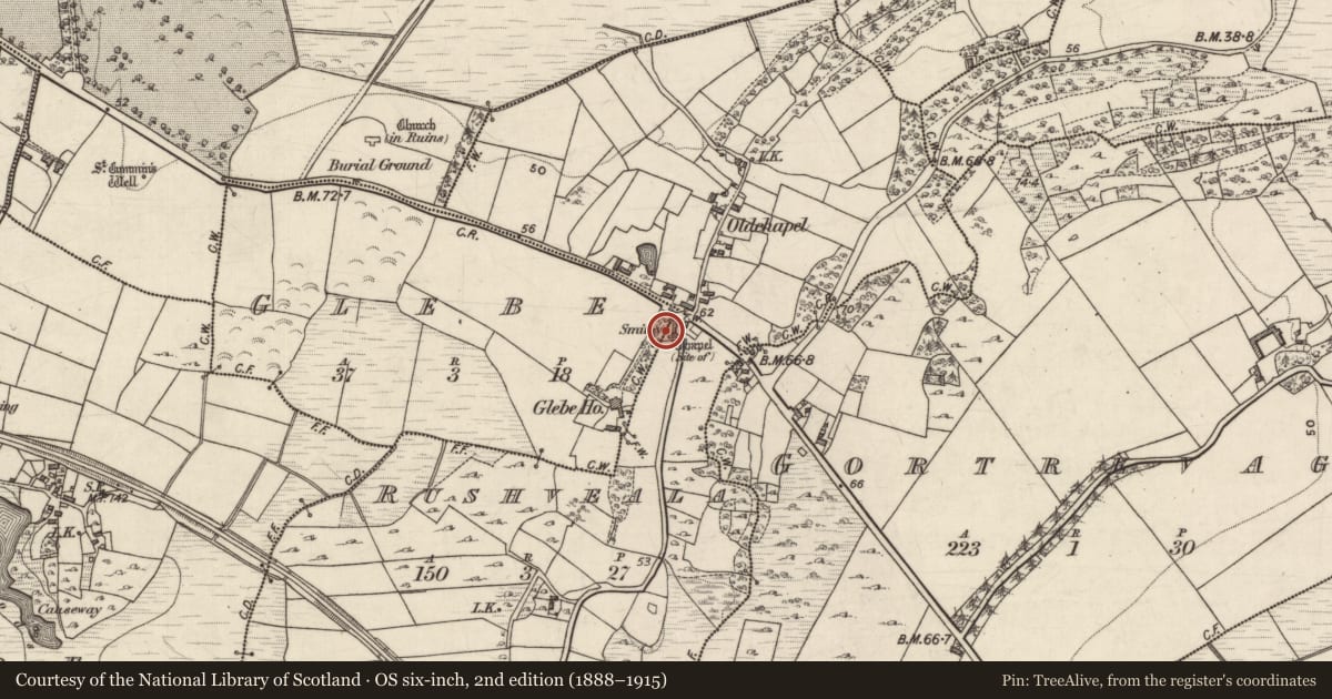 Ordnance Survey six-inch map, 2nd edition (1888–1915) covering the location of Chapel, Rushveala, County Galway, with a pin at the register's coordinates