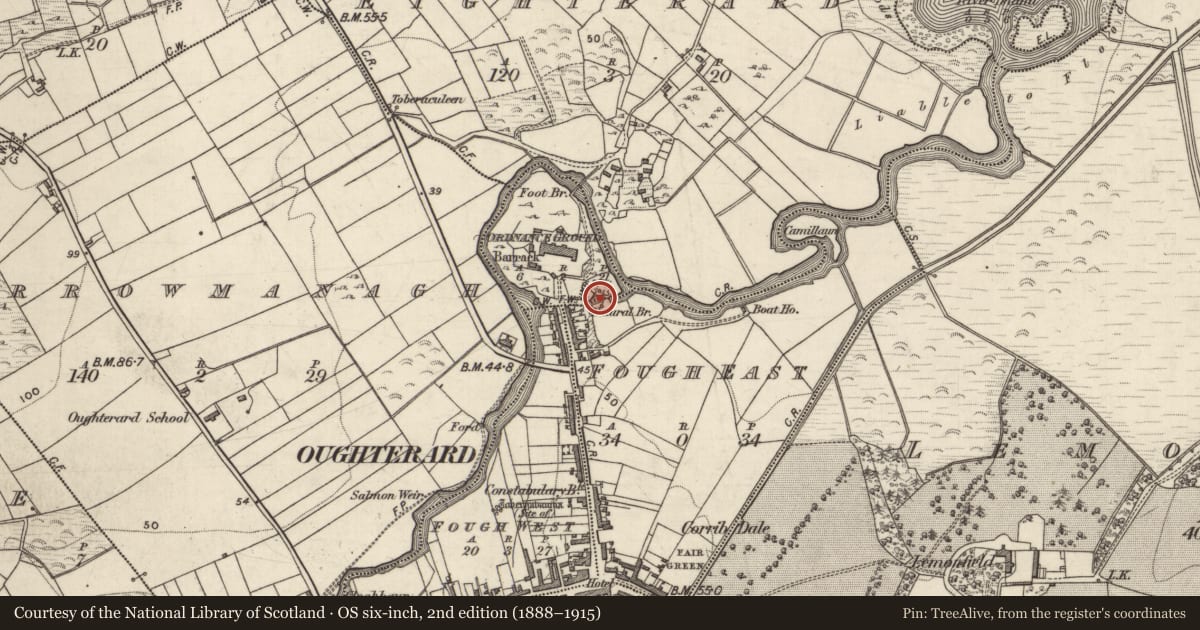 Ordnance Survey six-inch map, 2nd edition (1888–1915) covering the location of Castle - unclassified, Fough East, Ordnance Ground, County Galway, with a pin at the register's coordinates