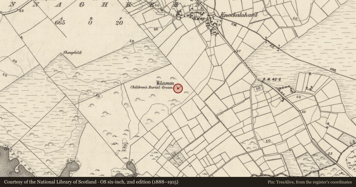 Ordnance Survey six-inch map, 2nd edition (1888–1915) covering the location of Children's burial ground, Annaghkeen, County Galway, with a pin at the register's coordinates