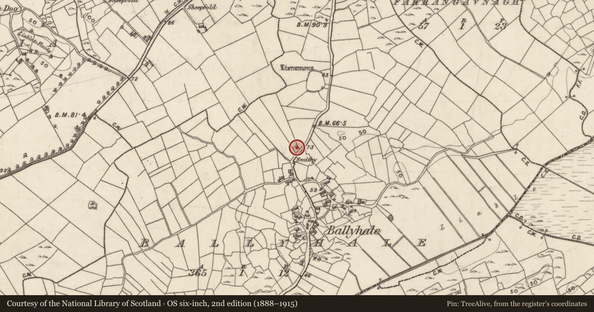 Ordnance Survey six-inch map, 2nd edition (1888–1915) covering the location of Children's burial ground, Ballyhale, County Galway, with a pin at the register's coordinates