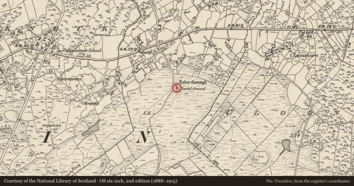 Ordnance Survey six-inch map, 2nd edition (1888–1915) covering the location of Burial ground, Callownamuck, County Galway, with a pin at the register's coordinates
