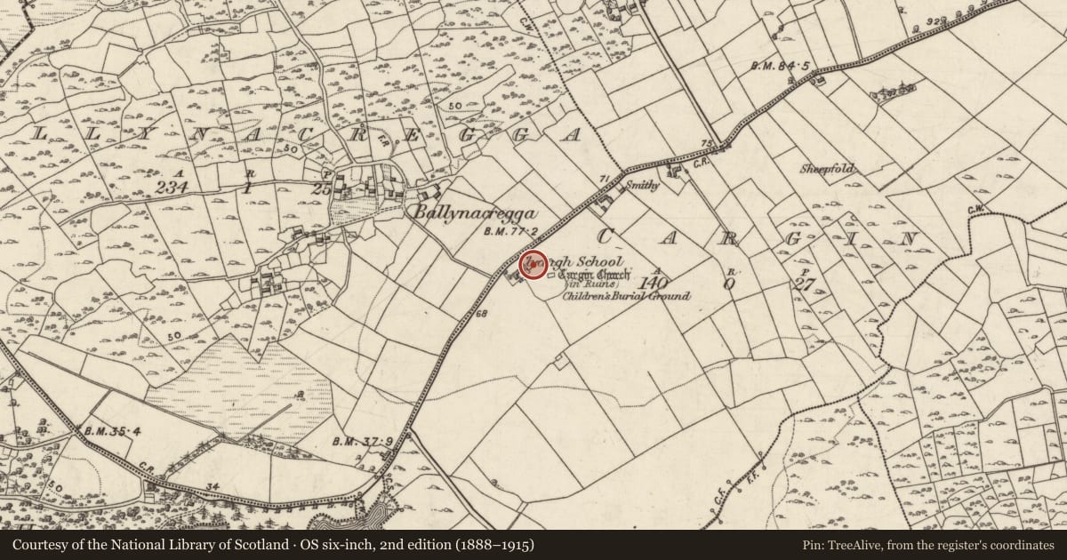 Ordnance Survey six-inch map, 2nd edition (1888–1915) covering the location of Souterrain, Cargin, County Galway, with a pin at the register's coordinates