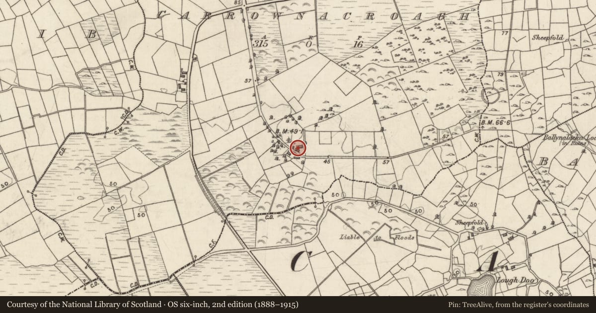 Ordnance Survey six-inch map, 2nd edition (1888–1915) covering the location of House - vernacular house, Carrownacroagh, County Galway, with a pin at the register's coordinates