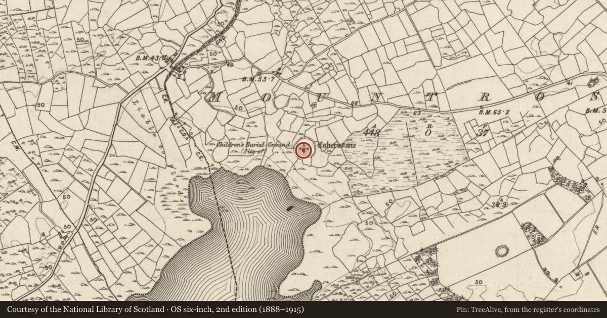 Ordnance Survey six-inch map, 2nd edition (1888–1915) covering the location of Children's burial ground, Mountross, County Galway, with a pin at the register's coordinates