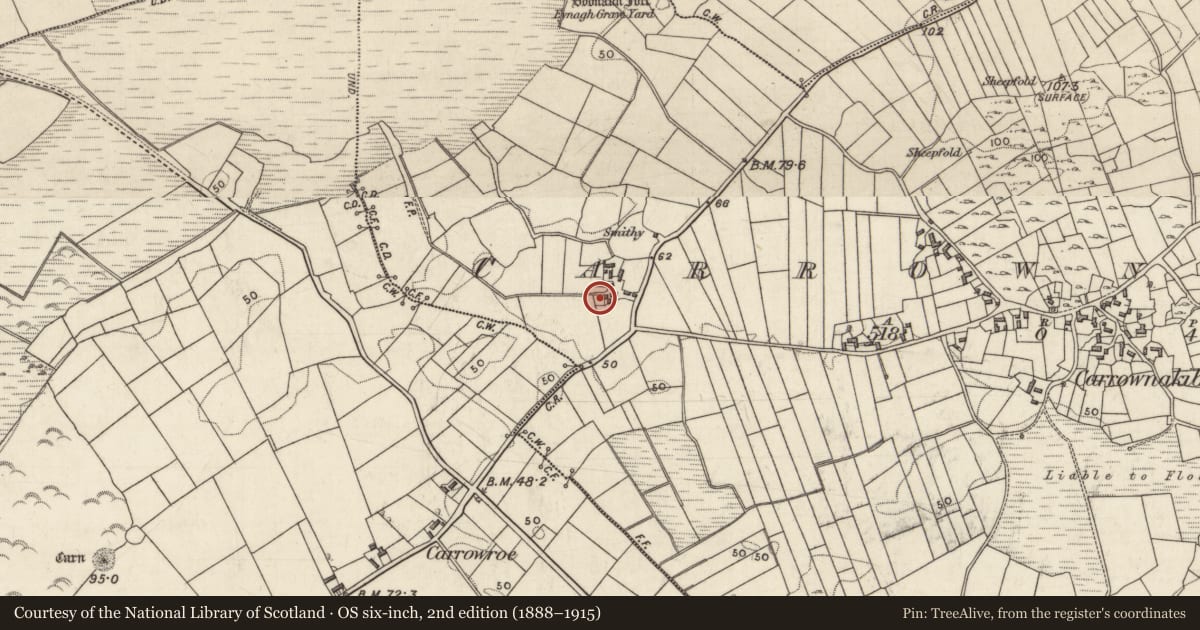 Ordnance Survey six-inch map, 2nd edition (1888–1915) covering the location of Megalithic tomb - unclassified, Carrownakib, County Galway, with a pin at the register's coordinates