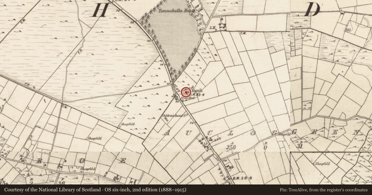 Ordnance Survey six-inch map, 2nd edition (1888–1915) covering the location of Church, Aucloggeen, County Galway, with a pin at the register's coordinates