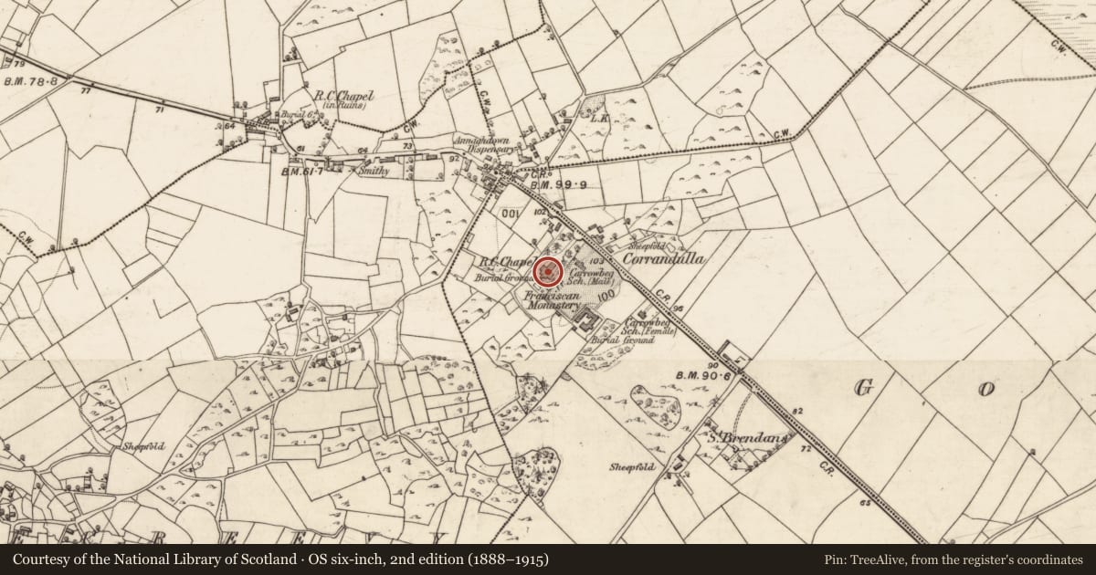 Ordnance Survey six-inch map, 2nd edition (1888–1915) covering the location of Church, Carrowbeg South, County Galway, with a pin at the register's coordinates