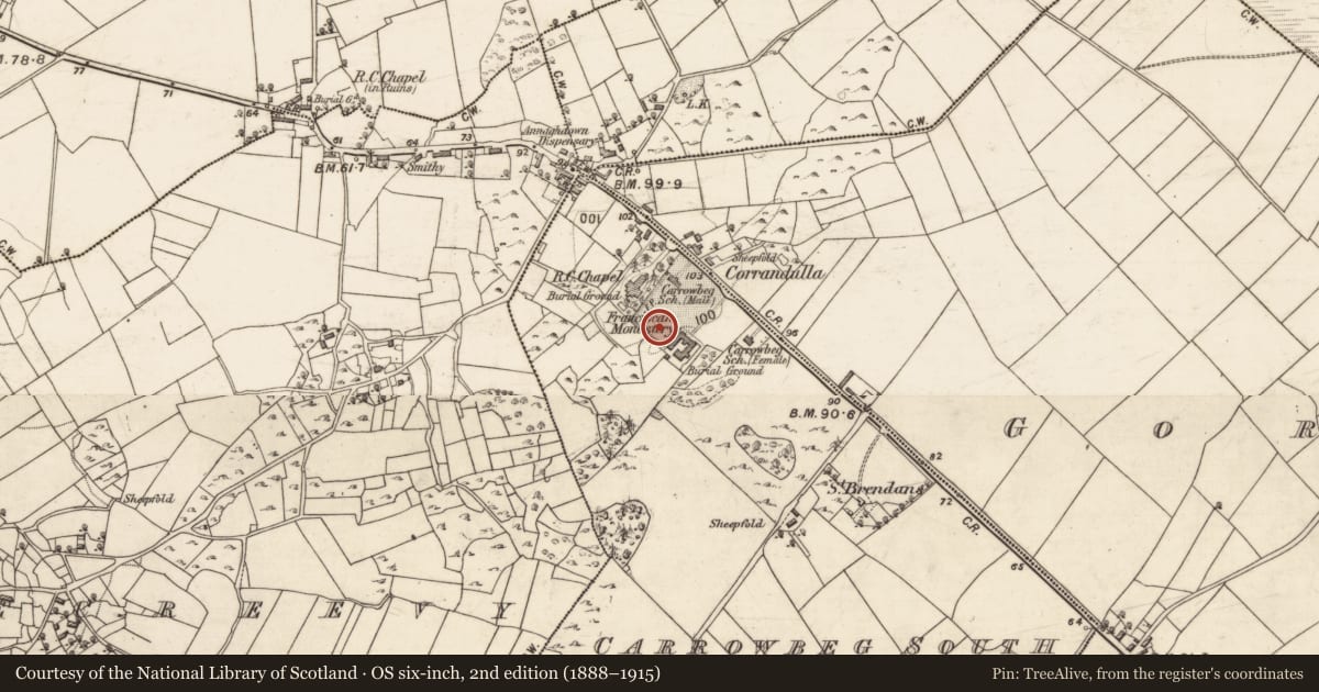 Ordnance Survey six-inch map, 2nd edition (1888–1915) covering the location of Burial ground, Carrowbeg South, County Galway, with a pin at the register's coordinates