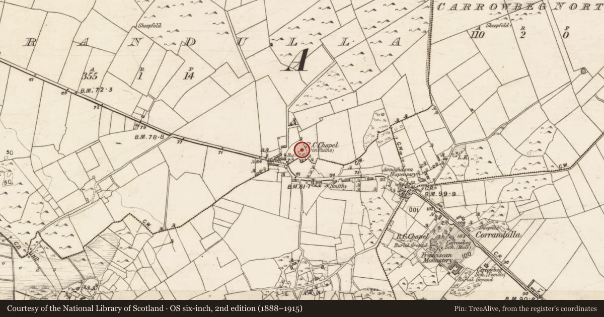 Ordnance Survey six-inch map, 2nd edition (1888–1915) covering the location of Church, Cor An Dola, County Galway, with a pin at the register's coordinates