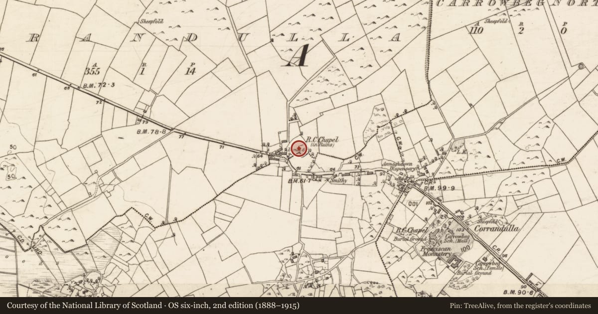 Ordnance Survey six-inch map, 2nd edition (1888–1915) covering the location of Graveyard, Cor An Dola, County Galway, with a pin at the register's coordinates