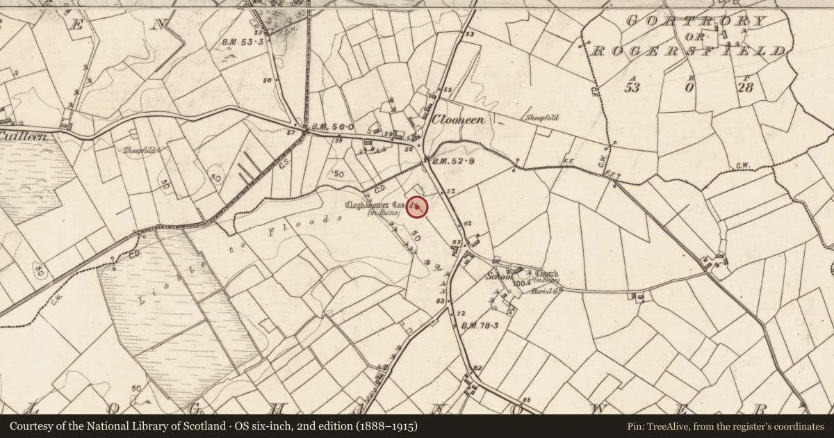Ordnance Survey six-inch map, 2nd edition (1888–1915) covering the location of Castle - tower house, Cloghanower, County Galway, with a pin at the register's coordinates