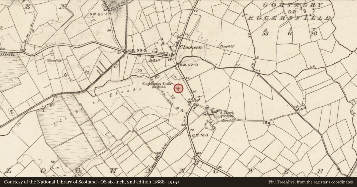 Ordnance Survey six-inch map, 2nd edition (1888–1915) covering the location of Standing stone, Cloghanower, County Galway, with a pin at the register's coordinates