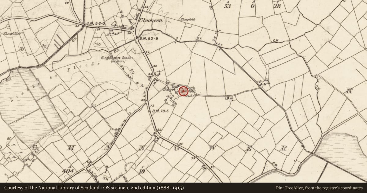 Ordnance Survey six-inch map, 2nd edition (1888–1915) covering the location of Church, Cloghanower, County Galway, with a pin at the register's coordinates