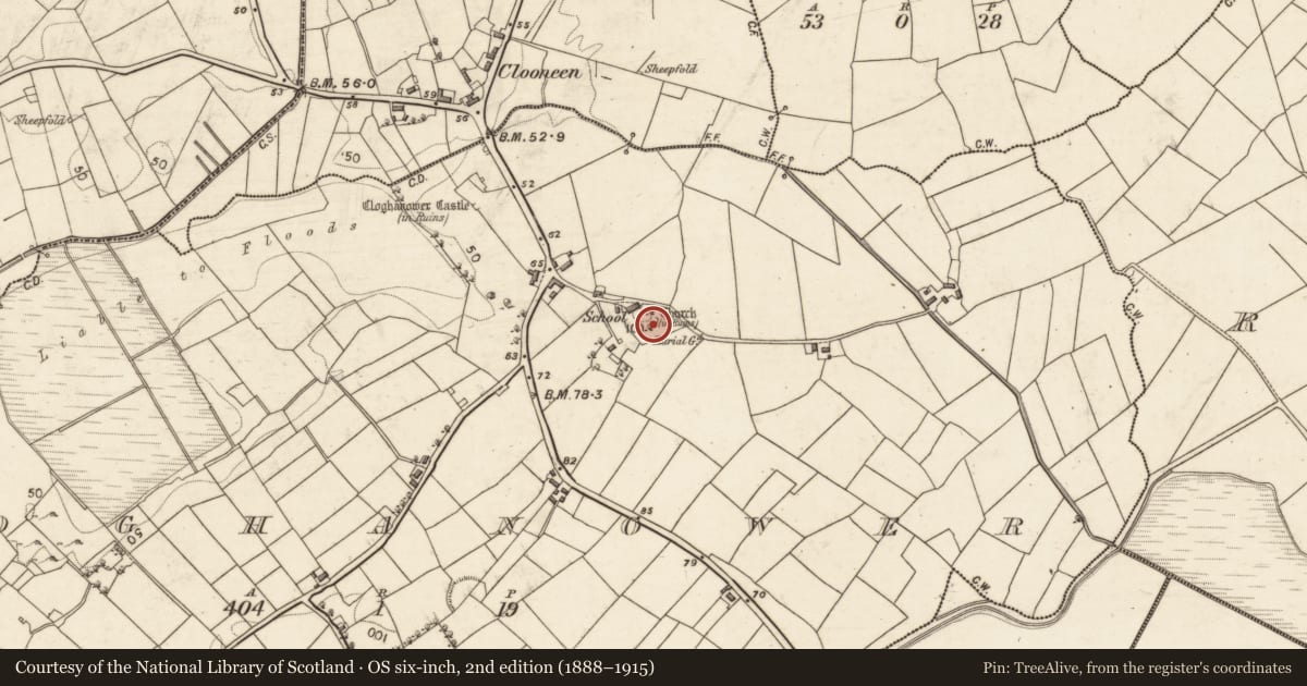Ordnance Survey six-inch map, 2nd edition (1888–1915) covering the location of Graveyard, Cloghanower, County Galway, with a pin at the register's coordinates