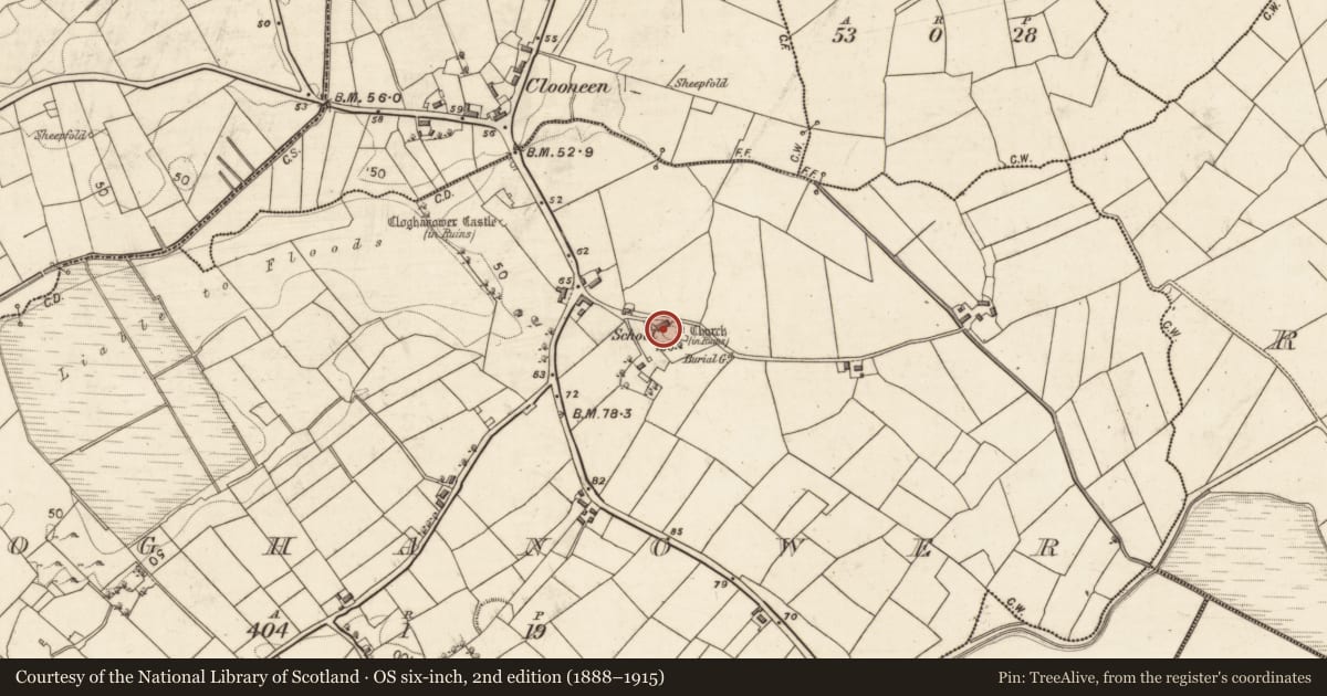 Ordnance Survey six-inch map, 2nd edition (1888–1915) covering the location of Church, Cloghanower, County Galway, with a pin at the register's coordinates