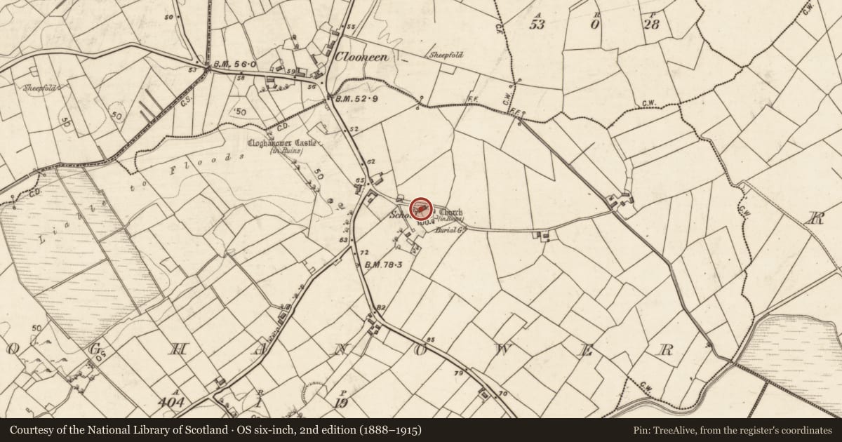 Ordnance Survey six-inch map, 2nd edition (1888–1915) covering the location of Graveslab, Cloghanower, County Galway, with a pin at the register's coordinates
