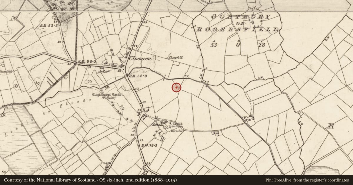 Ordnance Survey six-inch map, 2nd edition (1888–1915) covering the location of Ritual site - holy well, Cloghanower, County Galway, with a pin at the register's coordinates