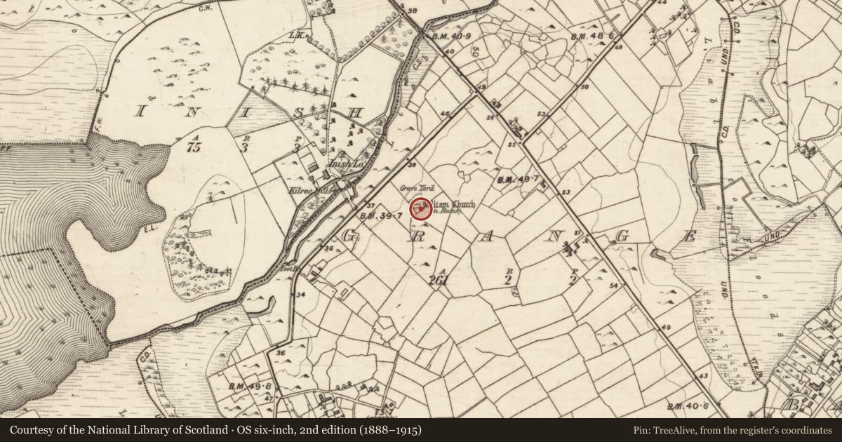 Ordnance Survey six-inch map, 2nd edition (1888–1915) covering the location of Church, Grange, County Galway, with a pin at the register's coordinates